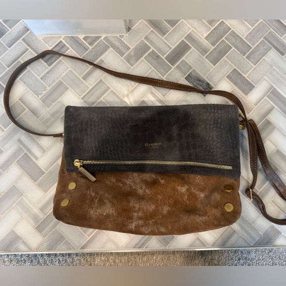 Hammitt Handbags - Hammitt Gray Crocodile Textured VIP Bag metallic brown suede and gold Zipper